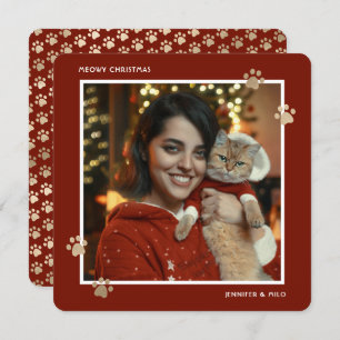 Red Gold Paws Cat Owner Photo Meowy Christmas Holiday Card
