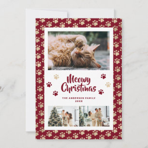 Red Gold Paws Photo Meowy Christmas Card