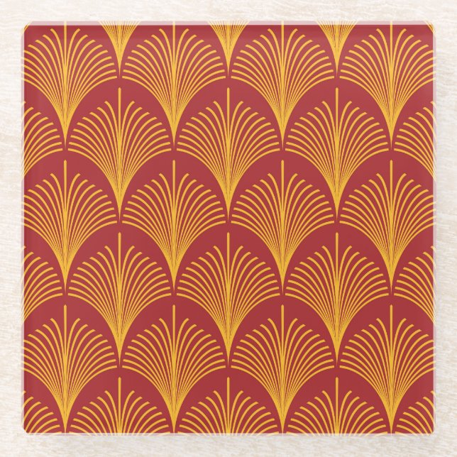 Red Gold Peacock: Art Deco. Glass Coaster (Front)