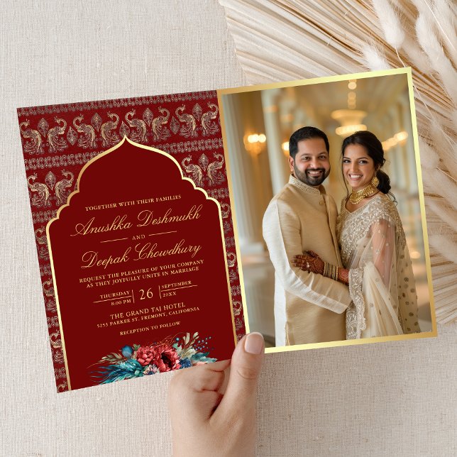 Red Gold Peacock Pattern Floral Indian Wedding Invitation (Creator Uploaded)