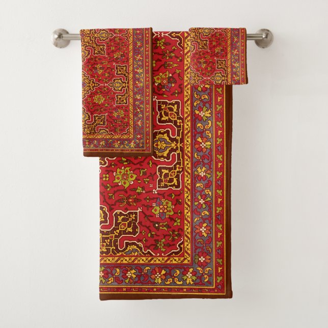 Red & Gold Persian Rug Bath Towel Set (Insitu)