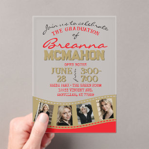 Red & Gold Photo Graduation Filmstrip Frosted Acrylic Invitations