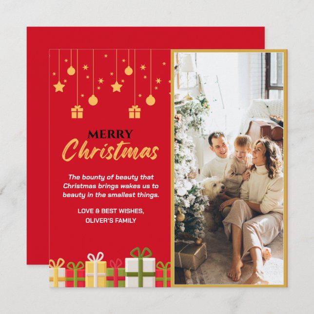 Red Gold Photo Personal Family Christmas Holiday Card (Front/Back)