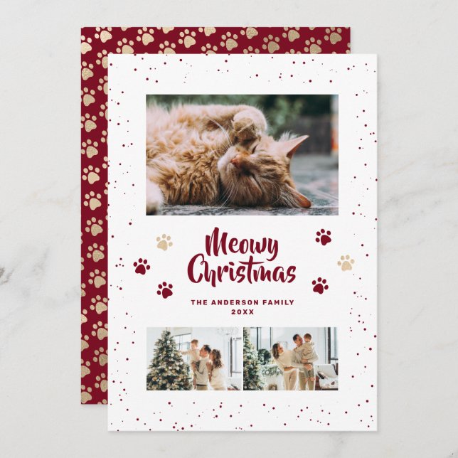 Red Gold Photo Snow Paws Meowy Christmas Card (Front/Back)