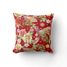 Red Gold Pink Floral Abstract Asian 