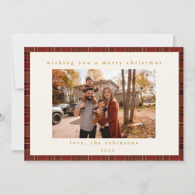 Red Gold Plaid Custom Photo Christmas  Holiday Card (Front)