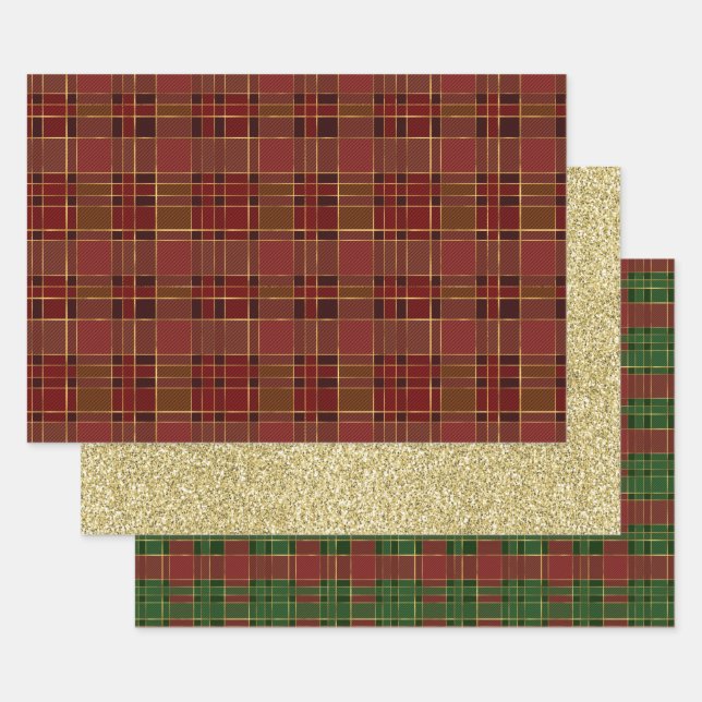Red Gold Plaid  Wrapping Paper Sheet (Set)
