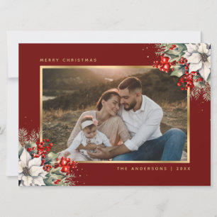 Red Gold Poinsettia Berries Photo Christmas Holiday Card