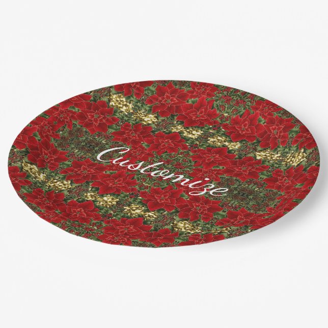 Red & Gold Poinsettia Pattern Holiday Paper Plates (Angled)