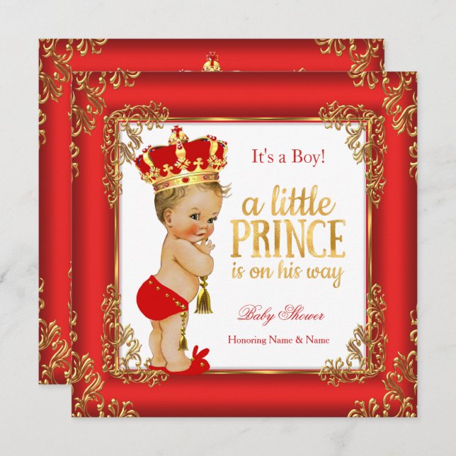 Red Gold Prince Baby Shower Damask Blonde Boy Invitation (Front/Back)