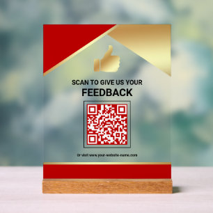 Red Gold QR Code Customer Feedback Review Acrylic Sign
