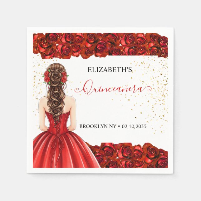 Red & Gold Quinceañera Custom Party Napkins (Front)
