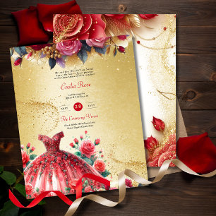 Red Gold Quinceanera Dress Ceremony Reception