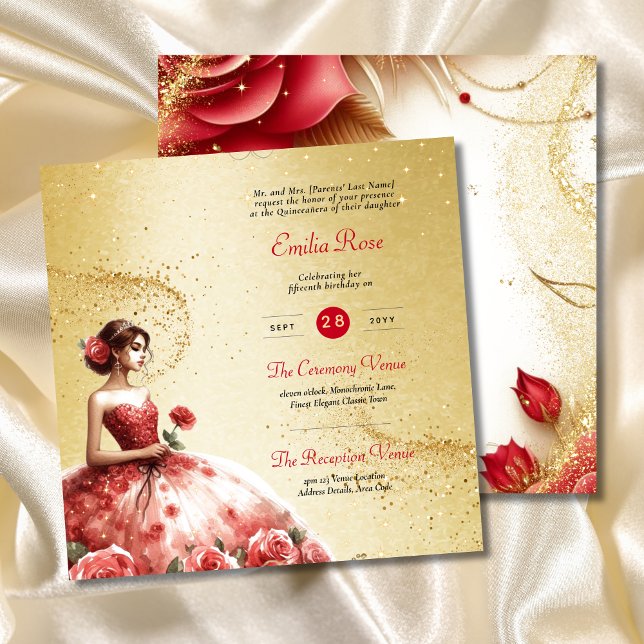 Red Gold Quinceanera Dress Ceremony Reception     Invitation (Creator Uploaded)