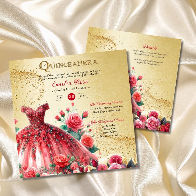 Red Gold Quinceanera Dress Ceremony Reception     Invitation (Creator Uploaded)