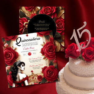 Red Gold Quinceanera Dress Ceremony Reception     Invitation