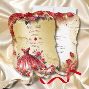 Red Gold Quinceanera Dress Ceremony Reception Invitation