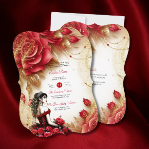 Red Gold Quinceanera Dress Ceremony Reception     Invitation