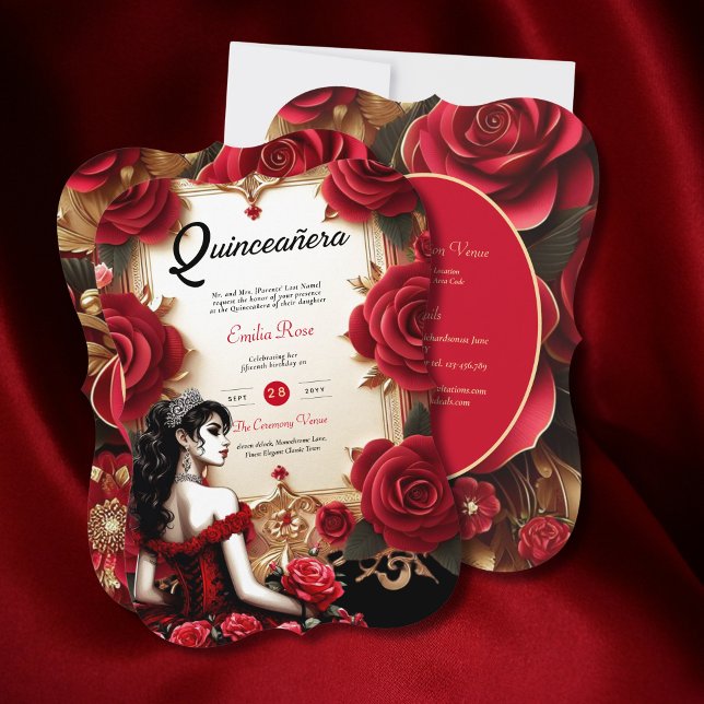 Red Gold Quinceanera Dress Ceremony Reception     Invitation (Creator Uploaded)