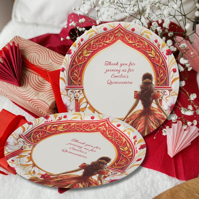 Red Gold Quinceañera Dress Custom Paper Plate (Creator Uploaded)