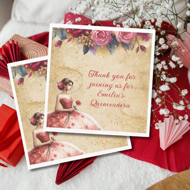 Red Gold Quinceañera Dress Event Partyware Custom Napkin (Creator Uploaded)