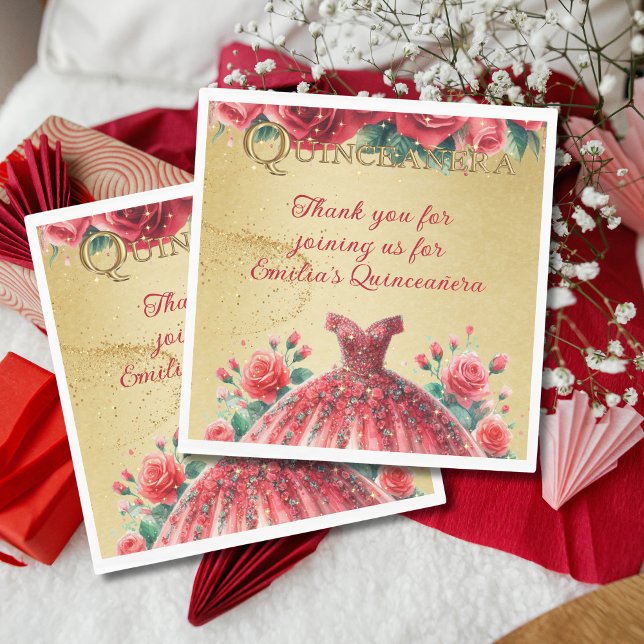 Red Gold Quinceañera Dress Event Partyware Custom Napkin (Creator Uploaded)