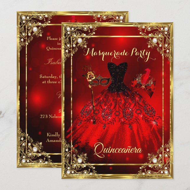 Red Gold Quinceanera Dress Masquerade Party Invitation (Front/Back)