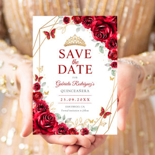 Red Gold Quinceanera Floral Save The Date