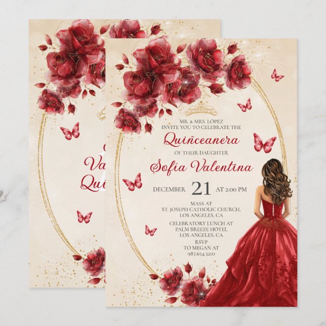 Red & Gold Quinceañera Invitation (Front/Back)