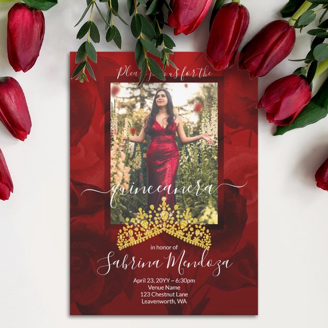 Red, Gold Quinceanera Rhinestone Tiara Invitation (Elegant red quinceanera invitations with gold crown, red roses, floral red mis quince script writing)