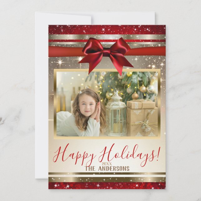 Red Gold Red Bow Sparkle Holiday Photo Card (Front)