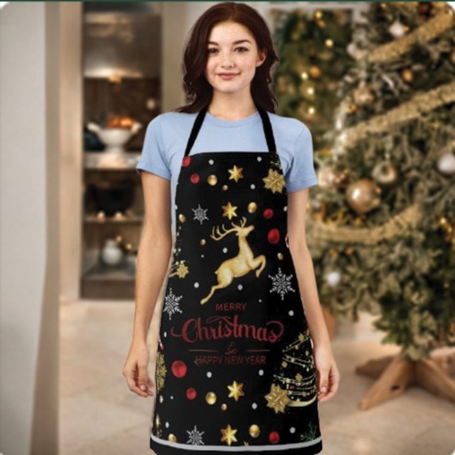 Red  Gold Reindeer Merry Christmas Tree  Apron (Creator Uploaded)