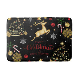 Red Gold Reindeer Merry Christmas Tree Bath Mat
