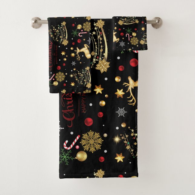 Red  Gold Reindeer Merry Christmas Tree  Bath Towel Set (Insitu)