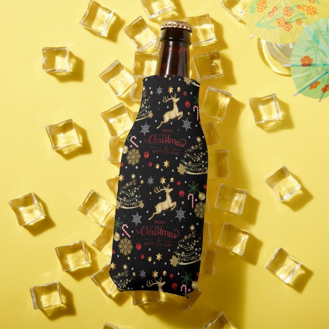 Red  Gold Reindeer Merry Christmas Tree  Bottle Cooler (In Situ Summer)