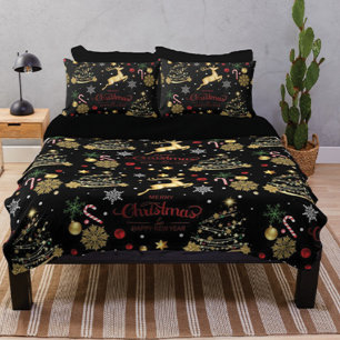 Red Gold Reindeer Merry Christmas Tree Fleece Blanket