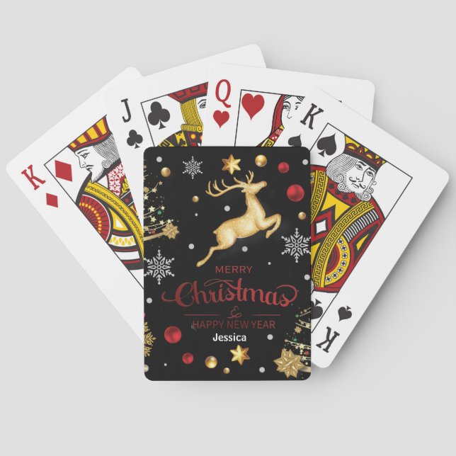 Red  Gold Reindeer Merry Christmas Tree Playing Cards (Back)