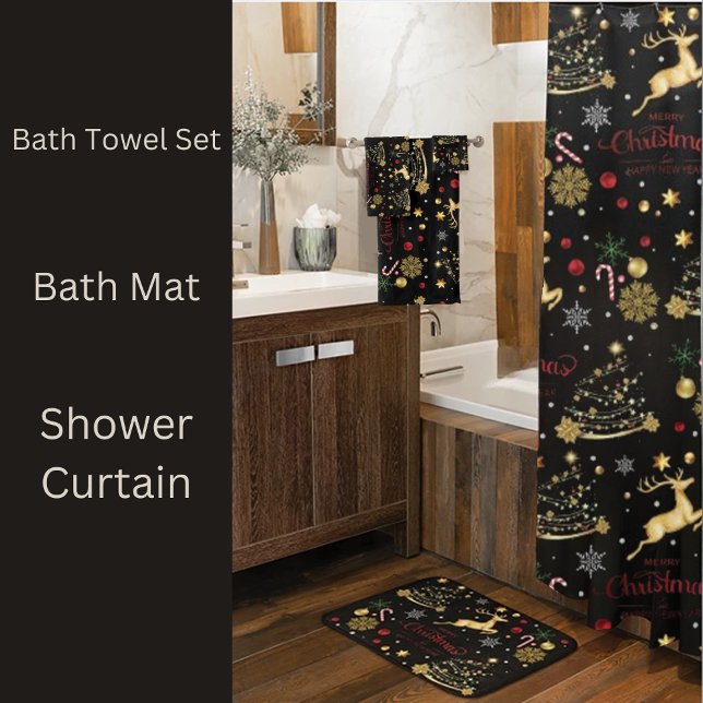 Red  Gold Reindeer Merry Christmas Tree Shower Curtain (Creator Uploaded)