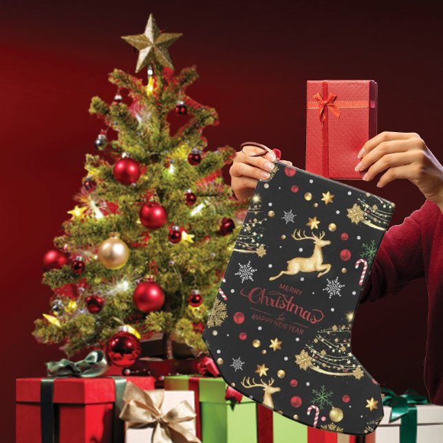 Red  Gold Reindeer Merry Christmas Tree  Small Christmas Stocking (Creator Uploaded)