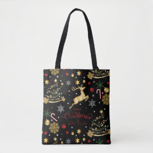 Red Gold Reindeer Merry Christmas Tree Tote Bag