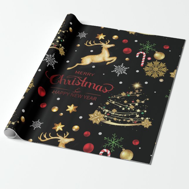 Red  Gold Reindeer Merry Christmas Tree Wrapping P Paper (Unrolled)