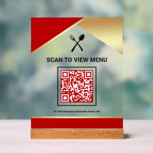 Red Gold Restaurant Digital QR Code Menu Acrylic Sign