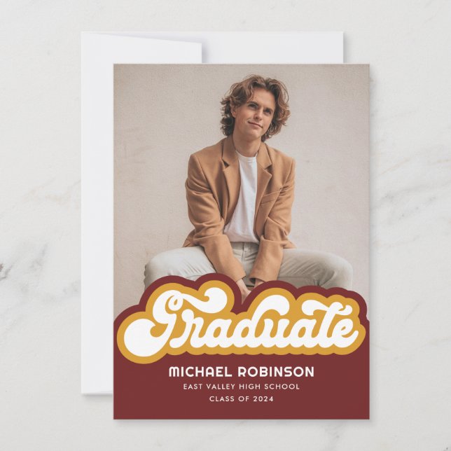 Red Gold Retro Graduate Photo Announcement (Front)