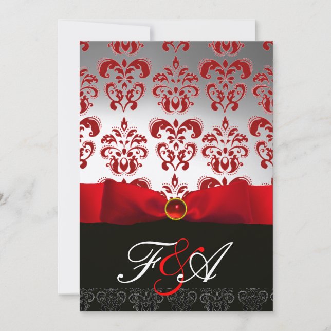 RED GOLD RIBBON & BLACK DAMASK MONOGRAM Ruby Invitation (Front)