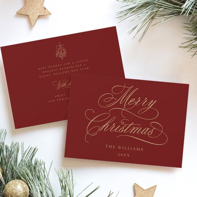 Red & Gold Romantic Merry Christmas Script Flat Holiday Card (Front & Back)