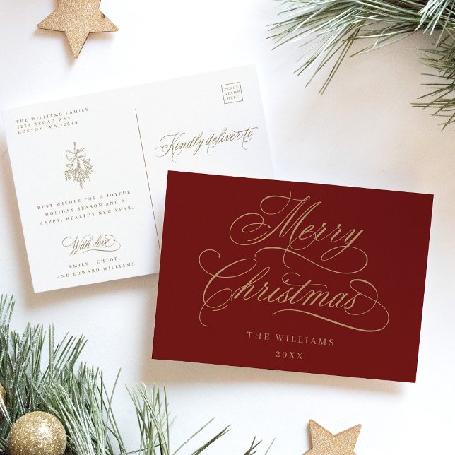 Red & Gold Romantic Merry Christmas Script Holiday Postcard (Front & Back)