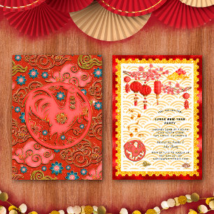 Red Gold Rooster Zodiac Chinese New Year Party Invitation