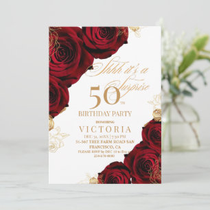  Red Gold Rose 50th Birthday Invitation