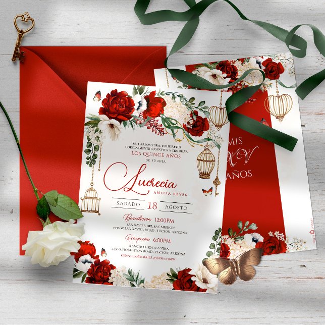 Red Gold Rose Butterfly Floral Elegant Quinceañera Invitation (Creator Uploaded)