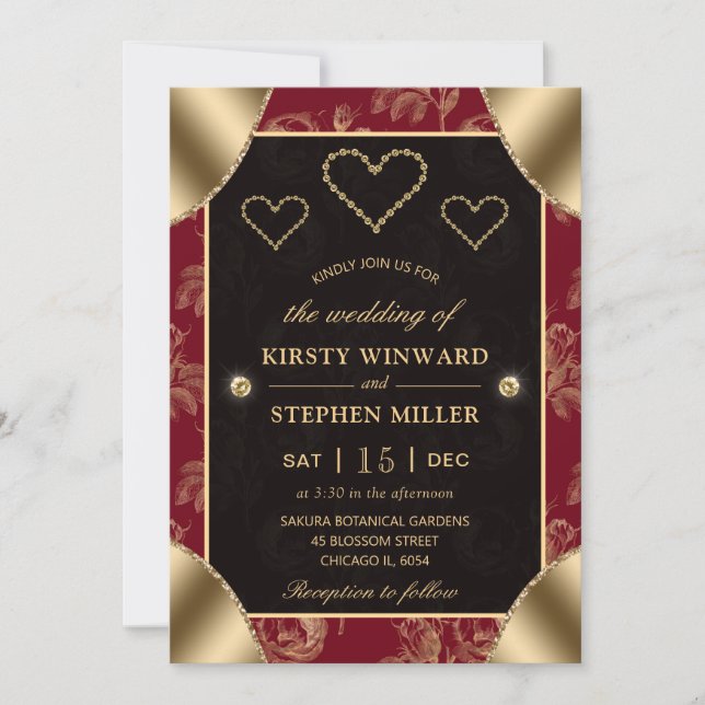 Red & Gold Rose Pattern & Gold Hearts Wedding Invitation (Front)